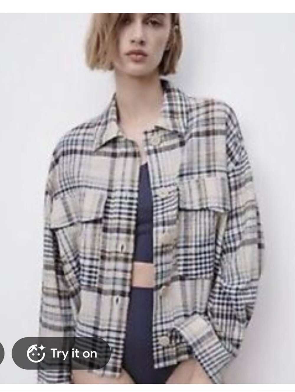 ZARA Cream Plaid Cropped Flannel Shirt